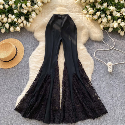 SINGREINY American Ins Hotsweet Pants Women High Waist Mesh Splice Lace Design Fashion Streetwear Skinny Flared Long Pants
