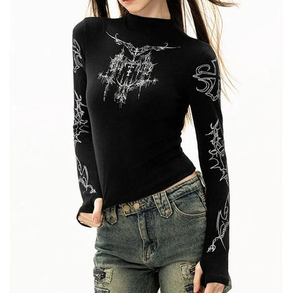 Grunge Women T-Shirt Y2k Aesthetics Half high neck Tees Graphical Print  Long Sleeve Sheer Tops Punk Alternative Crop Tops EMO