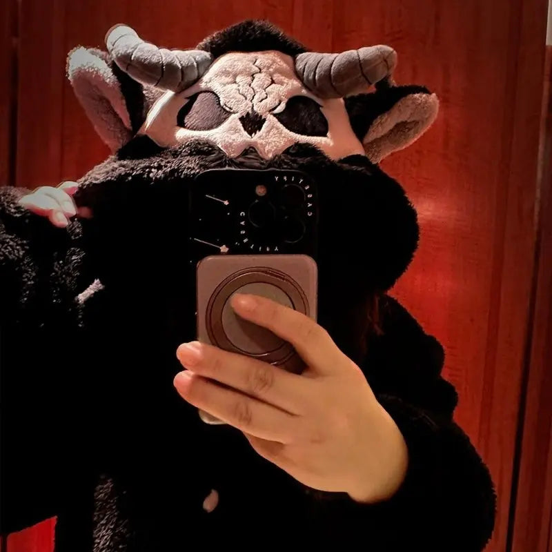 Virtual Alice Dark Gothic Demon Death Skull Horned Hooded Robe Thickened Coral Fleece Winter Warm Long Sleepwear Loungewear