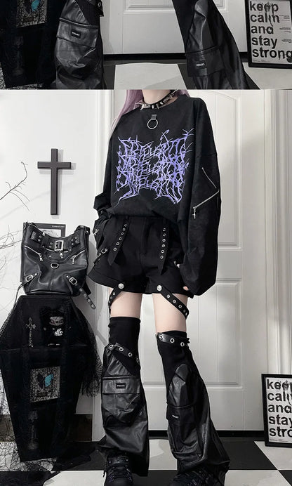 Original Print Subculture Dark Loose Long Sleeve Pure Cotton T-Shirt Japanese Punk Gothic Long Sleeve Round Neck Cool Girl Top