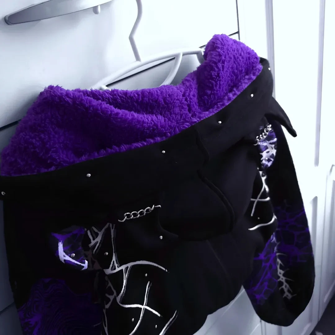 Y2K Grunge Purple Black Lightning Crackle Print Fleece Lined Cropped Zip Up Hoodie Women Hot Girl Oversized Drawstring Sherpa