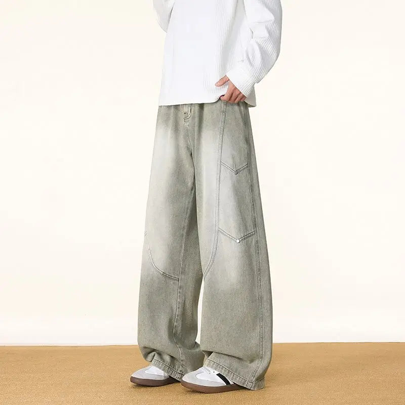 Men's Spring And Autumn Fashion Washed Large Versatile Casual Pants Retro Splicing Nail Beaded Jeans Loose Straight Leg Pants