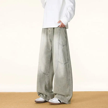 Men's Spring And Autumn Fashion Washed Large Versatile Casual Pants Retro Splicing Nail Beaded Jeans Loose Straight Leg Pants
