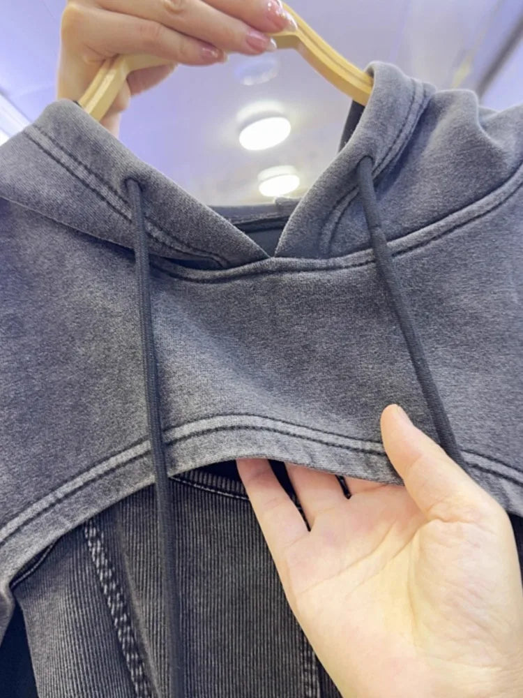 Fashion Vintage Long Sleeve Gray Hoodie Top for Women+ Y2k Slim Fit Camisole Vest 2026 Early Autumn New Two Piece Sets