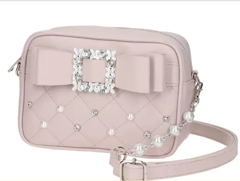 Japanese Style Liz Bag Mine Lolita Love Rhinestone Bow Crossbody Handbag Women Girls Sweet Heart Shaped Pink Pu Shoulder Bag