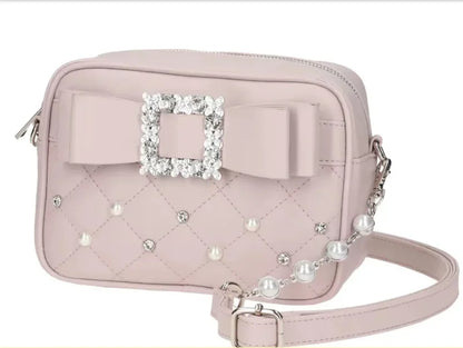 Japanese Style Liz Bag Mine Lolita Love Rhinestone Bow Crossbody Handbag Women Girls Sweet Heart Shaped Pink Pu Shoulder Bag