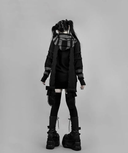 Japanese Harajuku Style Bow Sweet Cool Long-Ear Hooded Lace Trim Color-Block Zipper Long Cardigan Coat Gothic Hoodie Jacket