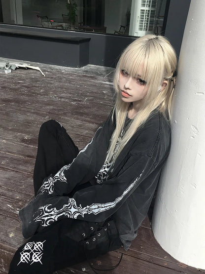 Women Grey Torn T-shirt Harajuku Korean Y2k Tees Top Vintage 90s Aesthetic Long Sleeve T-shirt 2000s Trashy Fashion Clothes