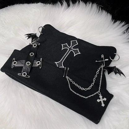 Gothic Grunge Cat Ear Bat Wing Black Beanie Hat Harajuku Punk Cross Chain Knitted Hat Women Winter Warm Chic Streetwear