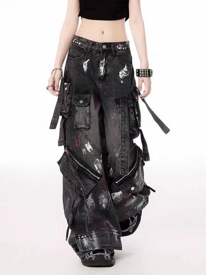 Women's Y2K Gothic Multi-Pocket Wide-Leg Jeans - APEX RITUAL women's jeans