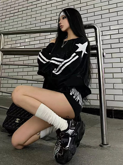 Spring and winter new American oblique shoulder long sleeve printed letter hoodie loose casual spice girls shirt T-shirt women
