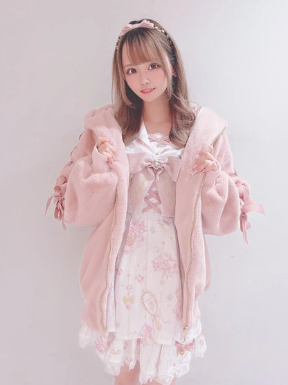 High Quality Japanese Winter New Sweet Cute Mine Cute Rabbit Ear Plush Cotton Coat Jacket Girl Lolita Fur Coats Women Parkas