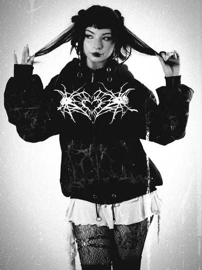 Women's Black Spider Web Print Gothic Style Zip Up Cropped Long Sleeve - APEX RITUAL women's hoodies & sweatshirts