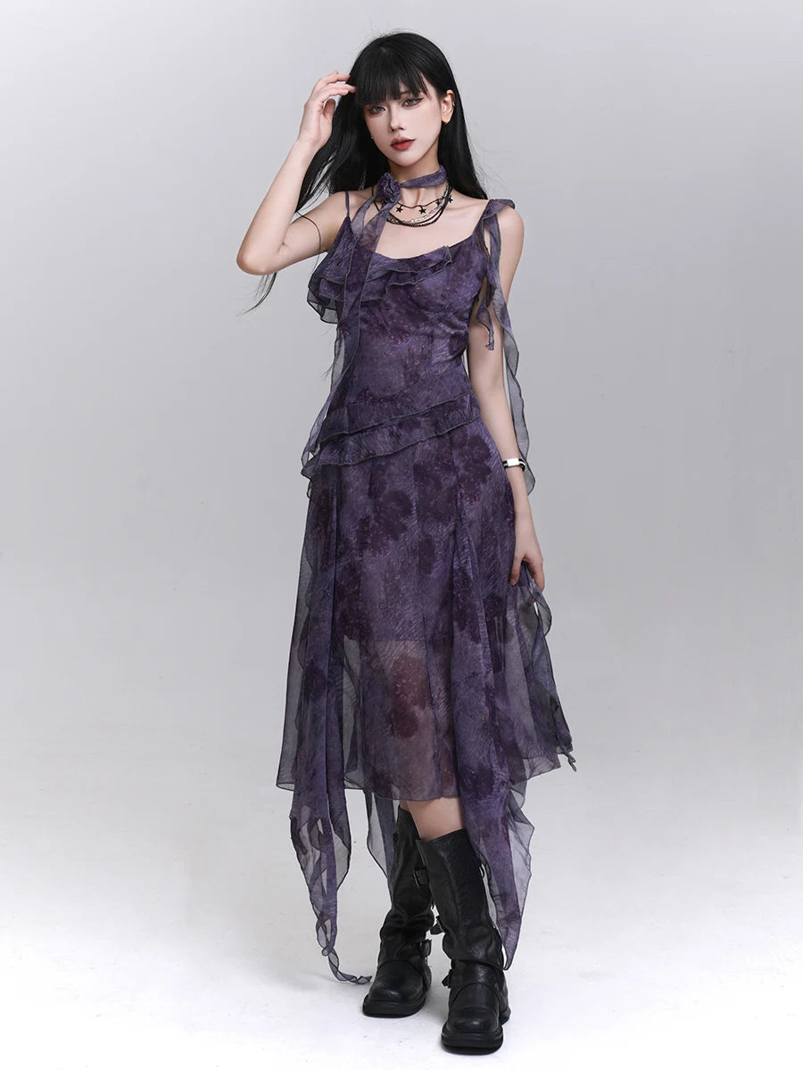 Women's Purple Tie-Dye V-Neck Midi Dress