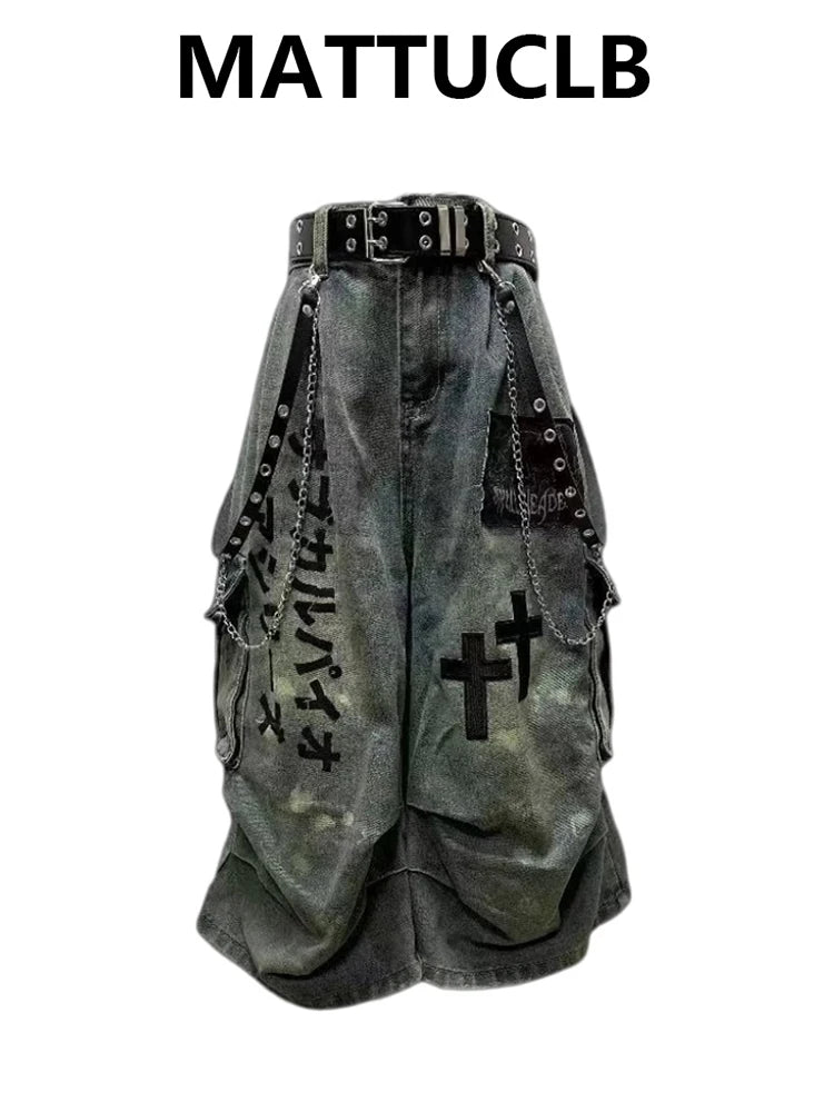 Summer Women Goblin Core Cross Denim Jorts Shorts Y2k Calf-Length Jean Pants - APEX RITUAL women's shorts