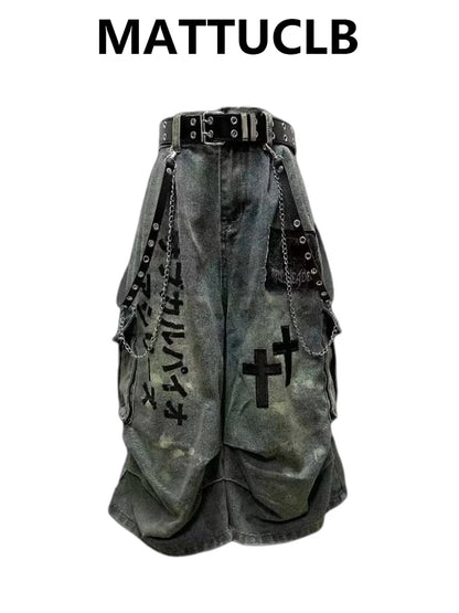 Summer Women Goblin Core Cross Denim Jorts Shorts Y2k Calf-Length Jean Pants - APEX RITUAL women's shorts