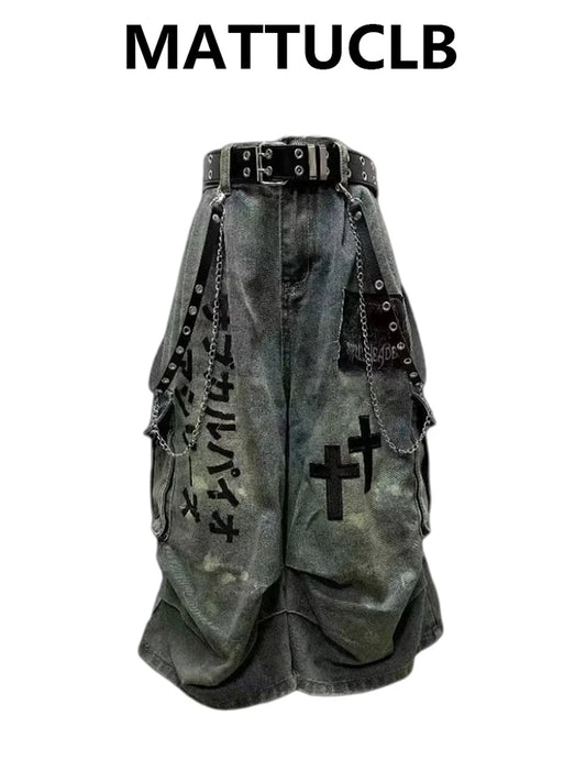 Summer Women Goblin Core Cross Denim Jorts Shorts Y2k Calf-Length Jean Pants - APEX RITUAL women's shorts