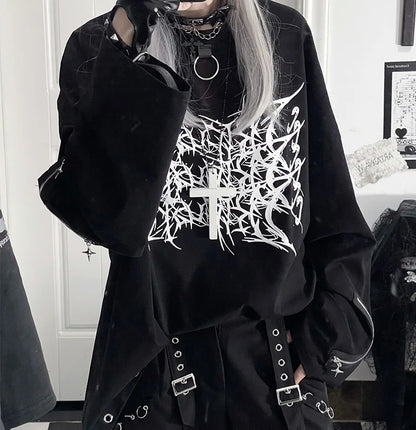 Original Print Subculture Dark Loose Long Sleeve Pure Cotton T-Shirt Japanese Punk Gothic Long Sleeve Round Neck Cool Girl Top