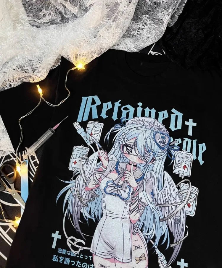 Kimutomo Women T Shirts Cartoon Printed Short Sleeve Loose Sweet Funny Y2k Aesthetic Harajuku Tops Grunge Gothic Ladies Casual