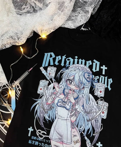 Kimutomo Women T Shirts Cartoon Printed Short Sleeve Loose Sweet Funny Y2k Aesthetic Harajuku Tops Grunge Gothic Ladies Casual