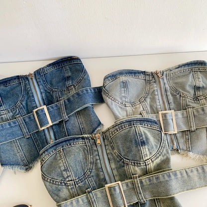 SINGREINY Vintage Denim Strapless Camis Backless Irregular Raw Hem Slim Distressed Crop Top Ladies Sashes Sexy Club Lingerie Top
