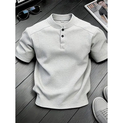 White Henry Collar  Shirt Men's Summer Splice Design Short Sleeve Cleanfit Heavyweight Half Sleeve Business Casual T-Shirt