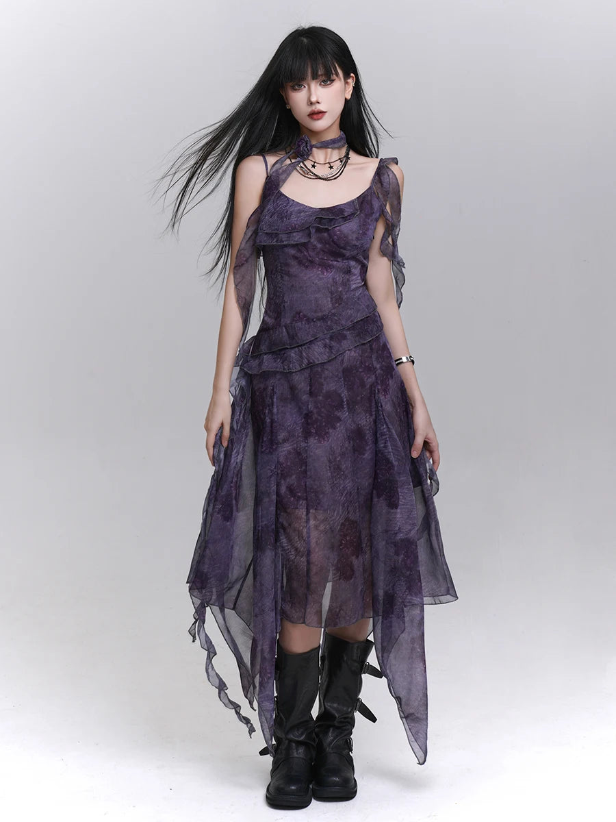 Women's Purple Tie-Dye V-Neck Midi Dress