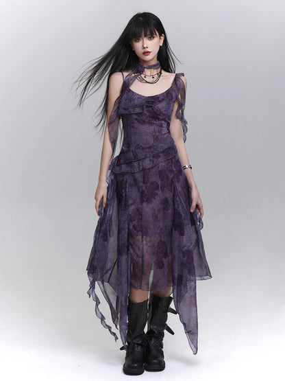 Women's Purple Tie-Dye V-Neck Midi Dress