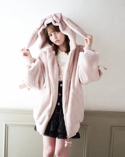 High Quality Japanese Winter New Sweet Cute Mine Cute Rabbit Ear Plush Cotton Coat Jacket Girl Lolita Fur Coats Women Parkas