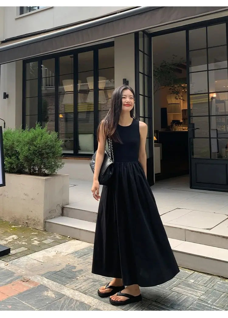 New Vintage Holiday Style Black Midi Dress Dresses for Women Clothing O Neck Office Lady Casual Pockets Women's Clothing