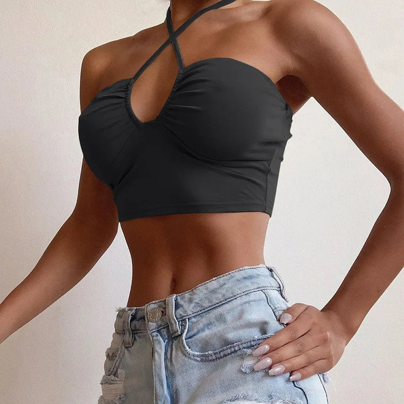 Women's Ruched V-Neck Halter Crop Top