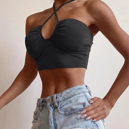 Women's Ruched V-Neck Halter Crop Top