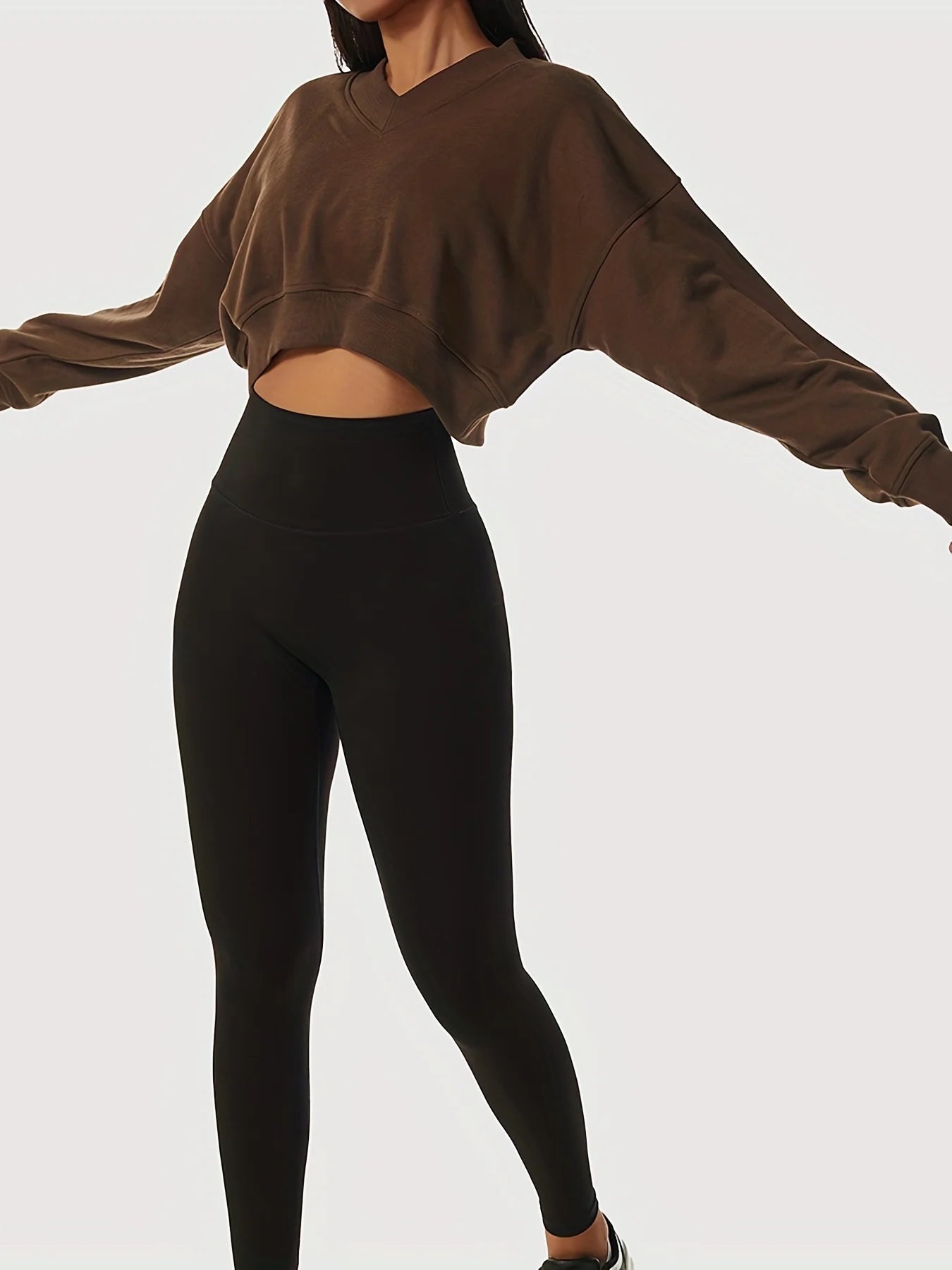 womens solid cropped long sleeve sweatshirts casual v neck pullover sports t shirts tops womens clothing