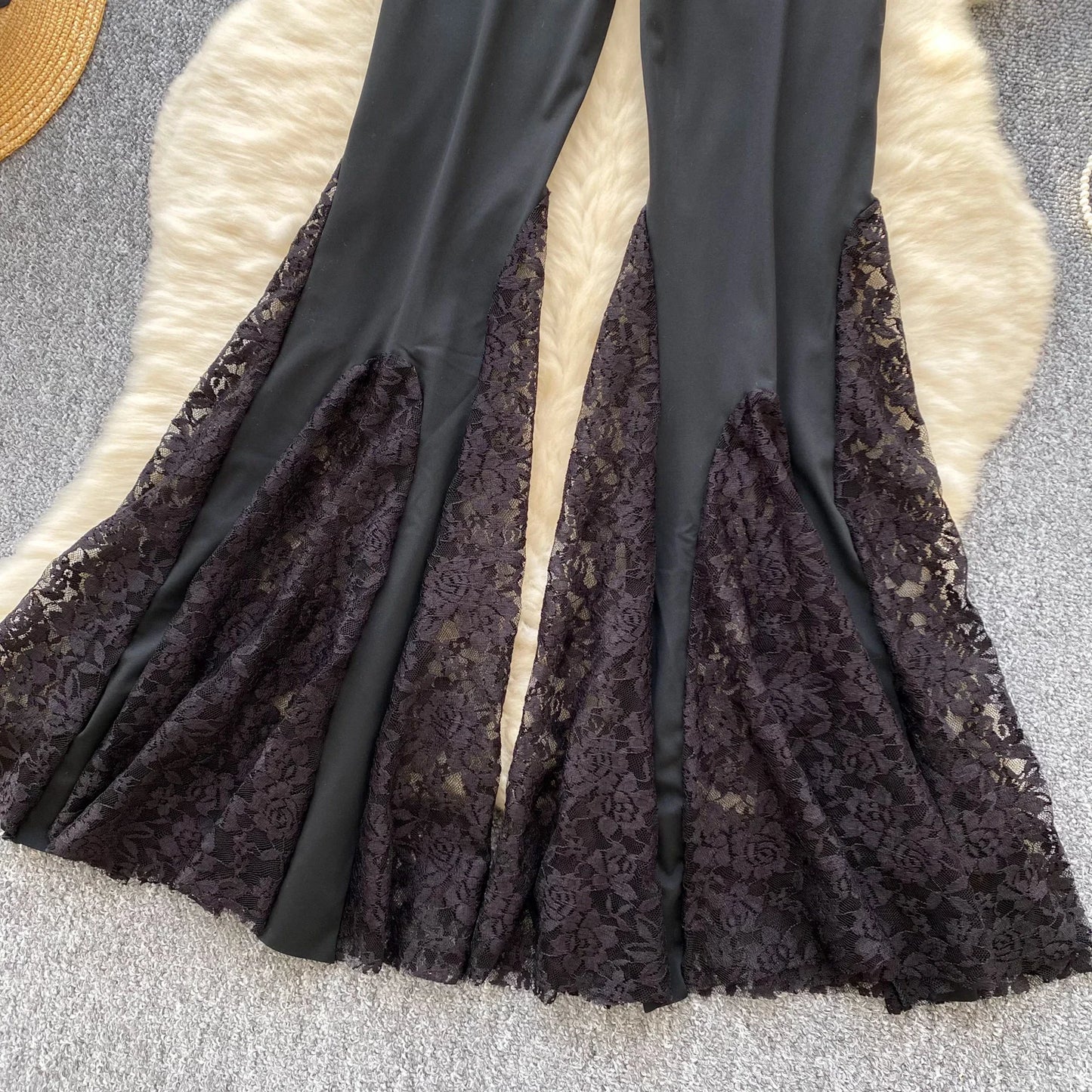 SINGREINY American Ins Hotsweet Pants Women High Waist Mesh Splice Lace Design Fashion Streetwear Skinny Flared Long Pants