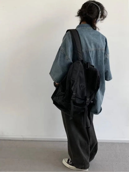 Harajuku Tooling Mens Sets 2024 Summer American Street Retro Denim Suit Hip Hop Printed Cowboy Shirt+Wide Leg Jeans 2-pcs New