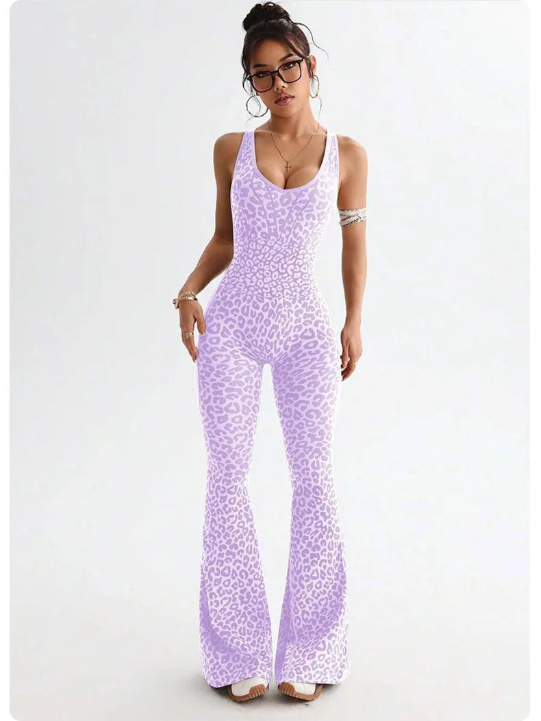 Women's Leopard Print Cross-Back Yoga Jumpsuit
