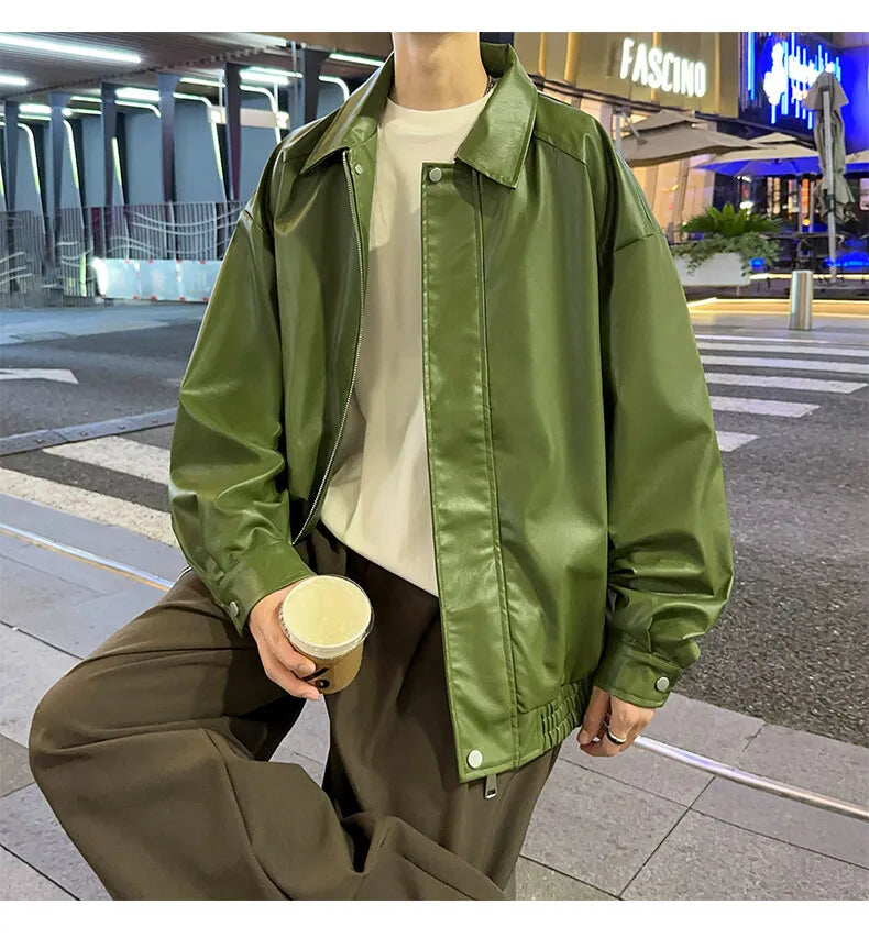 Youth Fashion Men Leather Jacket Casual Zipper Black Motorcycle Waterproof Windproof Pu Bomber Coat