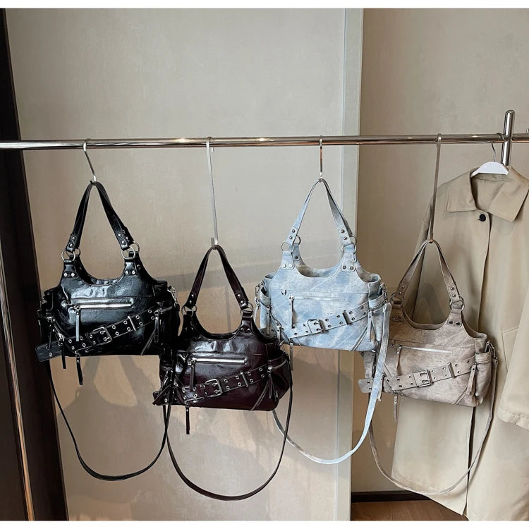 Fashionable Large Capacity Rivet Street Style Women's Tote Bag Shoulder Crossbody Bag Durable Polyester  Commuter Bag