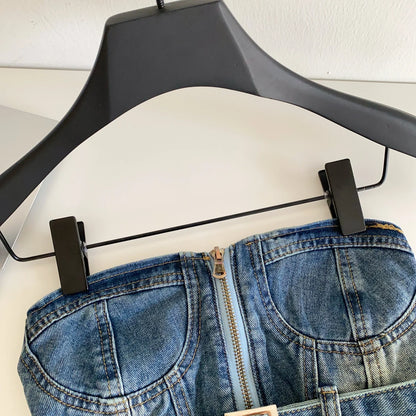 SINGREINY Vintage Denim Strapless Camis Backless Irregular Raw Hem Slim Distressed Crop Top Ladies Sashes Sexy Club Lingerie Top