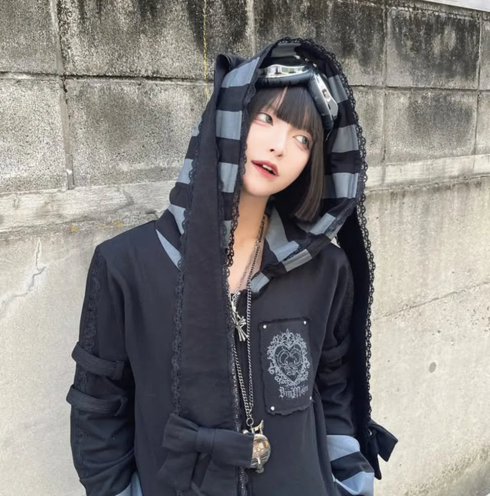 Japanese Harajuku Style Bow Sweet Cool Long-Ear Hooded Lace Trim Color-Block Zipper Long Cardigan Coat Gothic Hoodie Jacket