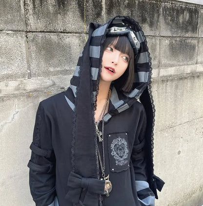 Japanese Harajuku Style Bow Sweet Cool Long-Ear Hooded Lace Trim Color-Block Zipper Long Cardigan Coat Gothic Hoodie Jacket