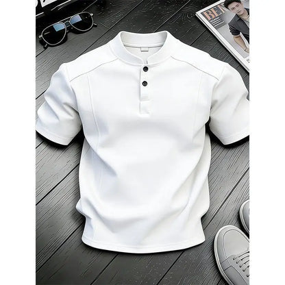 White Henry Collar  Shirt Men's Summer Splice Design Short Sleeve Cleanfit Heavyweight Half Sleeve Business Casual T-Shirt