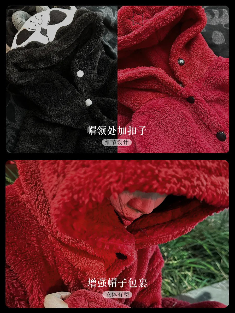 Virtual Alice Dark Gothic Demon Death Skull Horned Hooded Robe Thickened Coral Fleece Winter Warm Long Sleepwear Loungewear