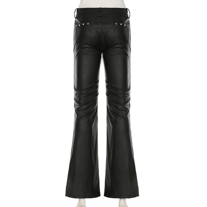 2025 Autumn Winter Women's PU Pants Low Rise Goblin Core Faux Leather Trousers Bell Bottom Gothic Japanese Y2k Stretch 2000s New