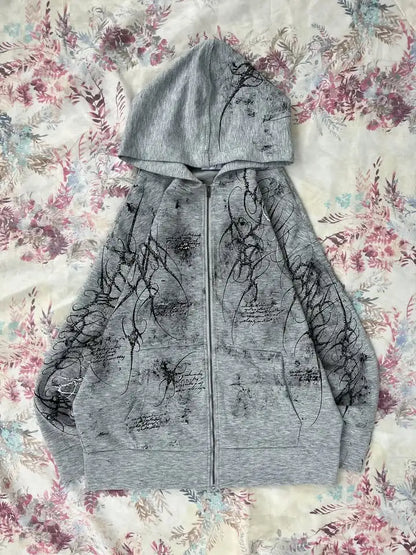 Women's Gothic Minimalist Graffiti Zip-Up Hoodie