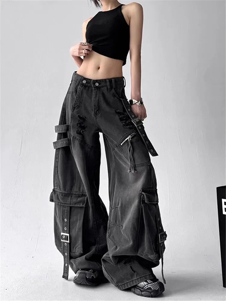American Gothic Heavy-Industry Multi-Pocket Ripped Black Jeans Retro Fashion Men and Women Loose Wide Legs Casual Pants
