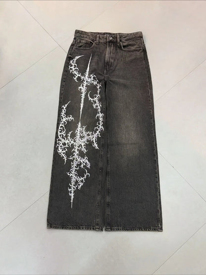 Y2K Hip-hop Jeans Vintage Straight Leg Denim Pants Streetwear Graffiti Print Casual Wide Leg Trousers Baggy Daily Wear Jeans