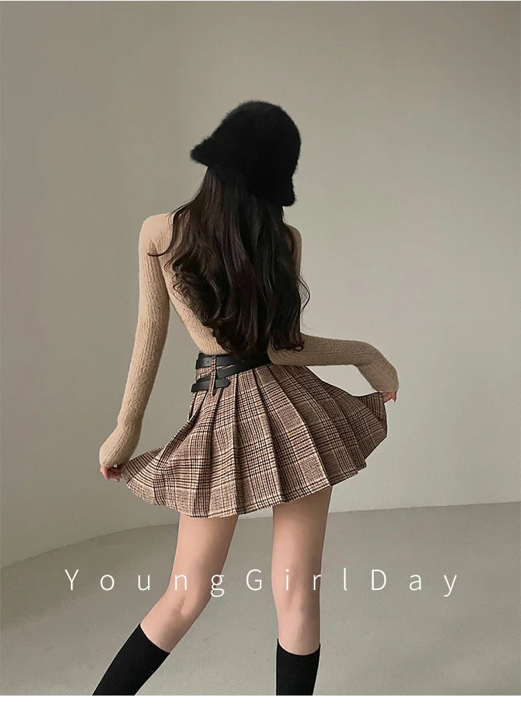 WOMENGAGA Preppy Style High Waist Slim Double Belt Slip Plaid Pleated Skirt Fashion Sexy Korean Women JK Skirts Sweet X8WN