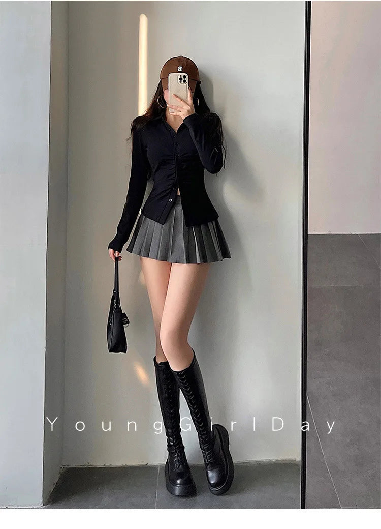  Pleated Skirt with Shorts Women Sexy High Waist White Black A-line Korean Gyaru Mini Tennis Skirt School Girl Summer