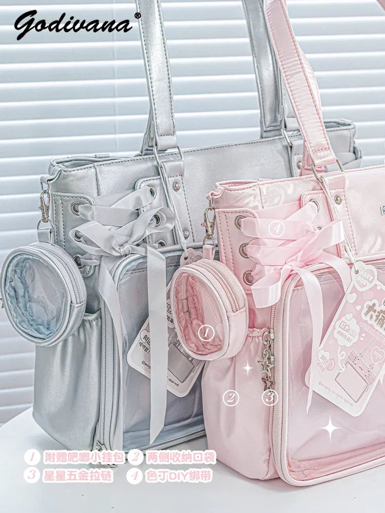 Japanese New Girls Silver Shoulder Bag Large Capacity Ribbon Itabag Student Women's Satin Messenger Bag Leather Backpacks